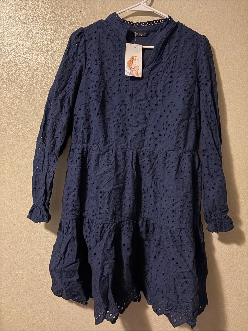 Navy Eyelet Tiered Long-Sleeve Dress